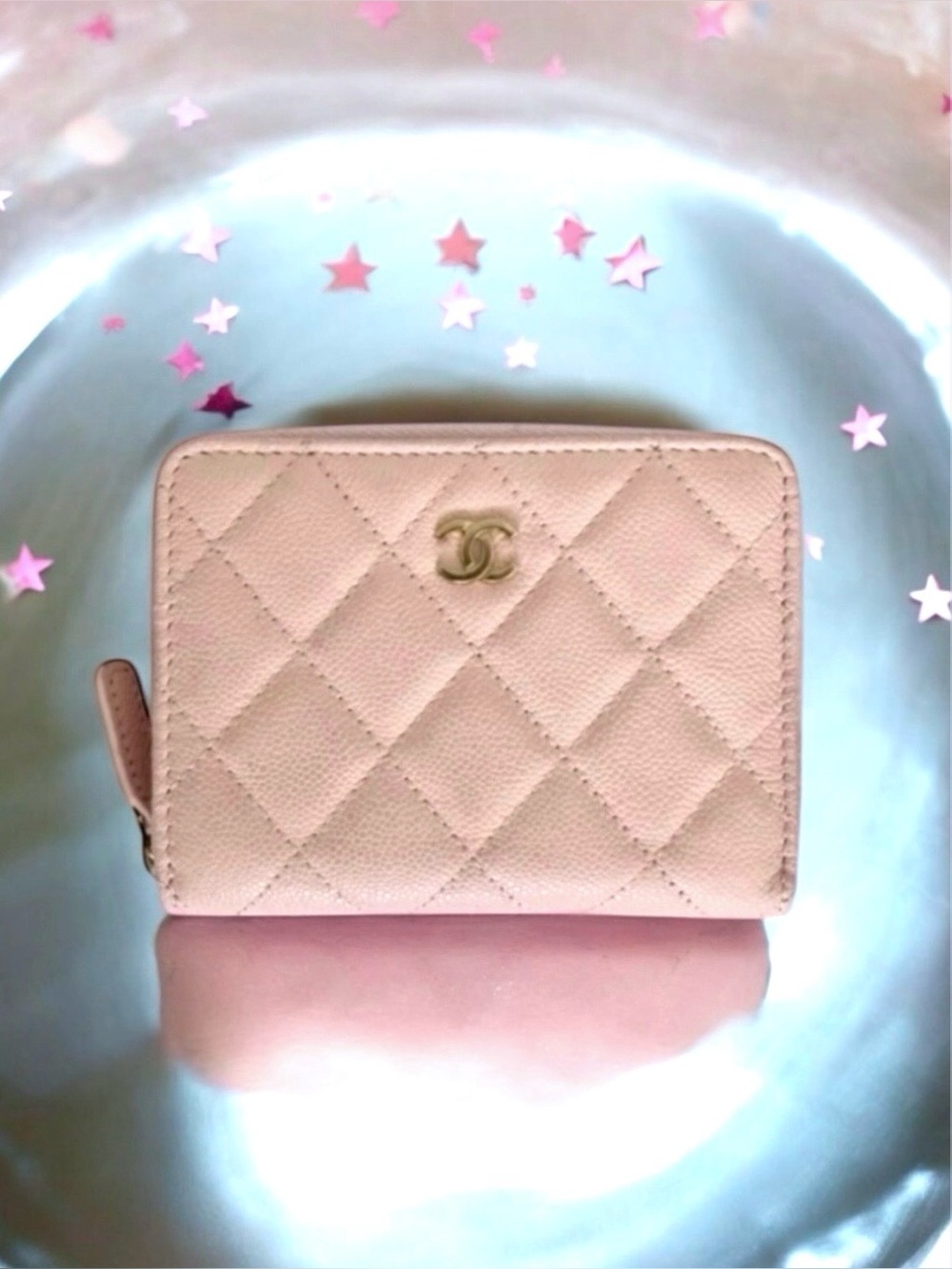 🆕💗CHANEL LIGHT PINK Zipped Card Wallet Purse Shiny Grained Calfskin (CAVIAR) GHW